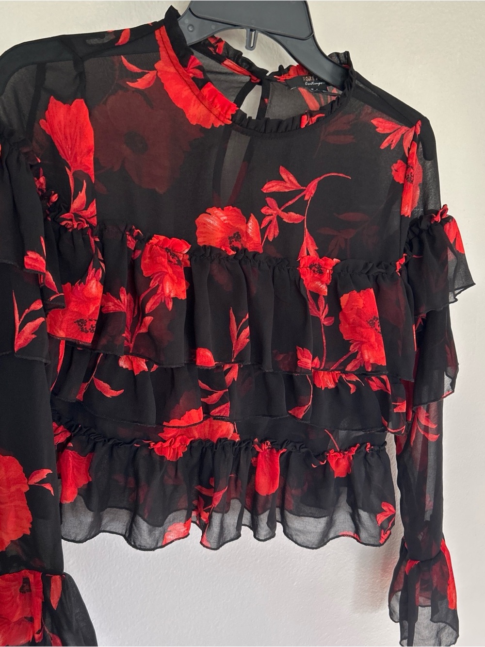 Forever 21 Black Sheer Blouse with Red Floral Ruffles